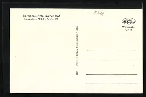 AK Blankenheim /Eifel, Biermann`s Hotel Kölner Hof