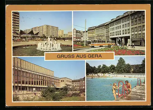 AK Gera, Springbrunnen am Cafè Rendevous, Johannisstrasse, Haus der Kultur, Sommerbad