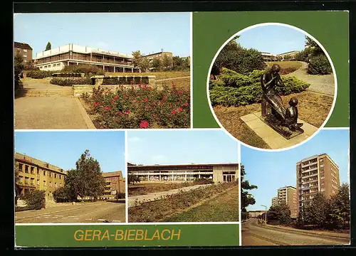 AK Gera-Bieblach, HO Wismut Gaststätte Grüne Mulde, Plastik, Bergarbeiter-Poliklinik, Kaufhalle, Hochhäuser