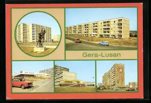 AK Gera-Lusan, Plastik Zeulsdorfer Str., Berta-Schäfer-Str. /Karl-Wetzel-Str., HO-Gaststätte Plzen, Schleizer Str.
