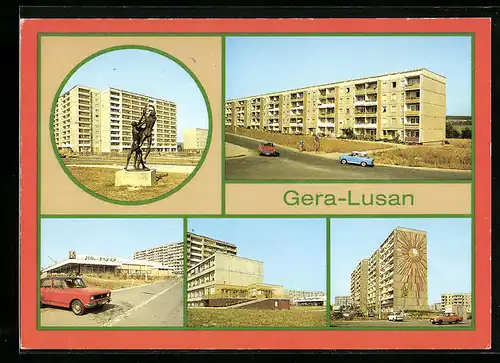 AK Gera-Lusan, Plastik Zeulsdorfer Str., Berta-Schäfer-Str. /Karl-Wetzel-Str., HO-Gaststätte Plzen, Schleizer Str.