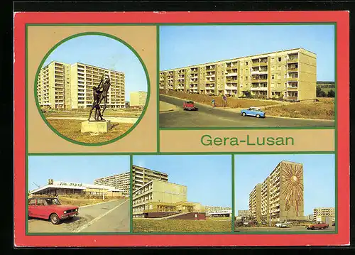 AK Gera-Lusan, Plastik Zeulsdorfer Str., Berta-Schäfer-Str. /Karl-Wetzel-Str., HO-Gaststätte Plzen, Schleizer Str.