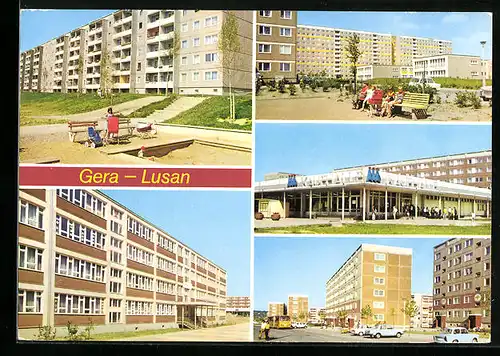 AK Gera-Lusan, Birkenstr., Hans-Beimler-Oberschule, Str. d. Bauarbeiter /Str. d. Neuerer, Kaufhalle Süd