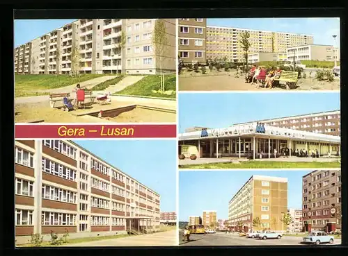 AK Gera-Lusan, Birkenstr., Hans-Beimler-Oberschule, Str. d. Bauarbeiter /Str. d. Neuerer, Kaufhalle Süd