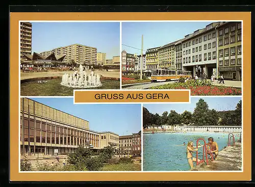 AK Gera, Springbrunnen am Cafè Rendevous, Johannisstr., Haus d. Kultur, Sommerbad
