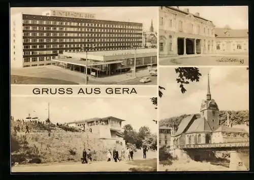 AK Gera, Interhotel Gera, Terrassencafè Osterstein, Museum i. Park d. Opfer d. Faschismus, An d. Weissen Elster