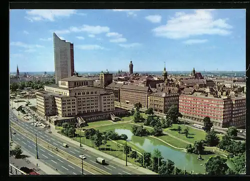 AK Leipzig, Blick auf die Stadt mit Oper und Hochhaus der Karl-Marx-Universität