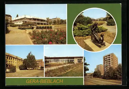 AK Gera-Bieblach, HO Wismut-Gaststätte Grüne Mulde, Plastik, Bergarbeiter-Poliklinik, Kaufhalle Nord, Hochhäuser
