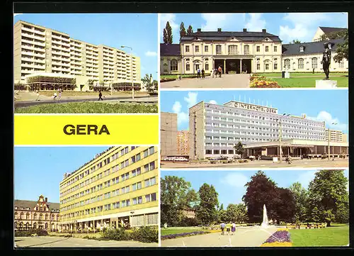 AK Gera, Dr.-Rudolf-Breitscheid-Str., Mehrzweckgebäude Puschkinplatz, Orangerie-Kunstgalerie, Interhotel Gera, Park