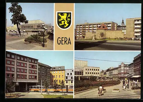 AK Gera, Haus der Kultur, historische Stadtmauer, Strassenbahndurchfahrt Johannisstrasse