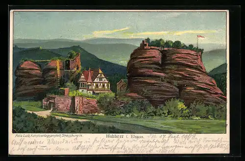 Lithographie Hohbarr, Majestätische Felsen vor der Ortschaft