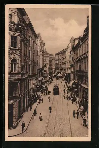 AK Brünn, Masarykstrasse mit Strassenbahn