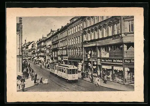 AK Chemnitz, Poststrasse mit Geschäften und Strassenbahn