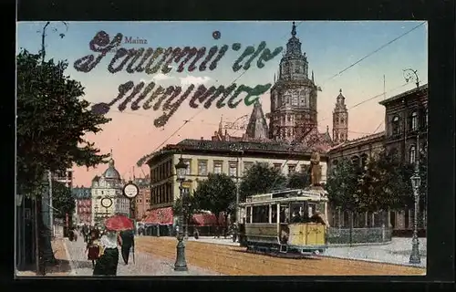 Glitzer-AK Mainz, Strassenpartie mit Strassenbahn