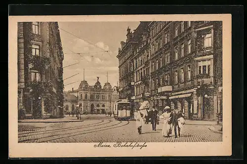 AK Mainz, Bahnhofstrasse mit Cafe und Strassenbahn