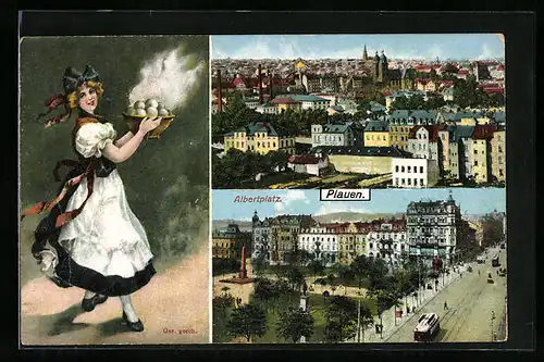 AK Plauen, Teilansicht, Albertplatz mit Strassenbahn, Frau mit Knödeln