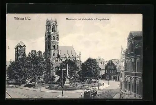 AK Münster i. W., Marienplatz mit Mariensäule, Ludgerikirche und Strassenbahn