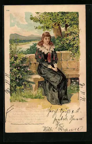 Glitzer-AK Sehnsucht, Junge Frau sitzt auf einer Bank
