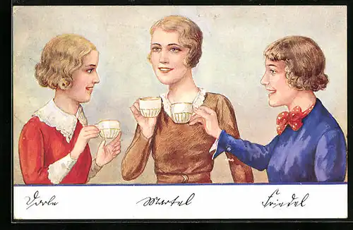 AK Drei junge Damen trinken Kaffee