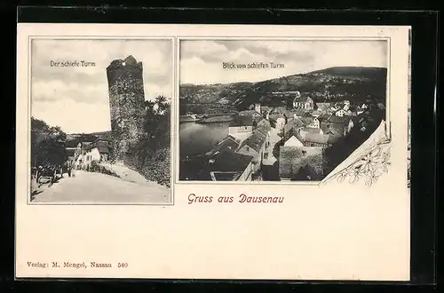 AK Dausenau, Der schiefe Turm, Blick auf den Ort