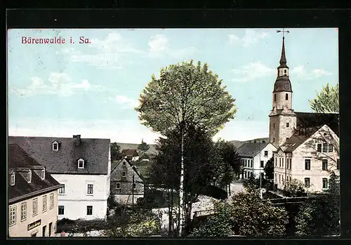 AK Bärenwalde i. Sa., Ortspartie mit Kirche