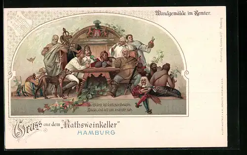 Lithographie Hamburg, Gasthaus Ratsweinkeller, Wandgemälde im Remter