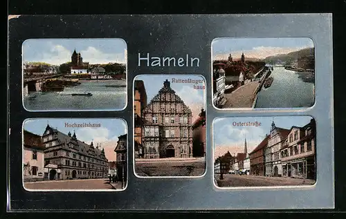 AK Hameln, Osterstrasse mit Geschäften, Rattenfängerhaus, Hochzeitshaus