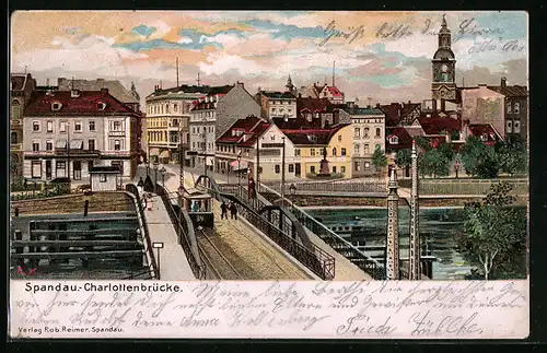 Lithographie Berlin-Spandau, Charlottenbrücke mit Strassenbahn