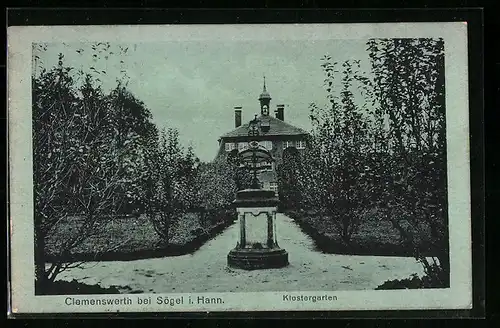AK Clemenswerth bei Sögel, Klostergarten mit Denkmal