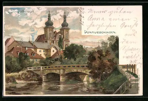 Künstler-AK Carl Münch: Donaueschingen, Die Schützenbrücke mit Blick zur Kirche