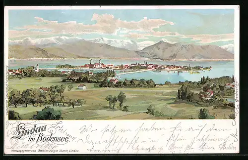 Lithographie Lindau i. Bodensee, Ortsansicht aus der Vogelschau