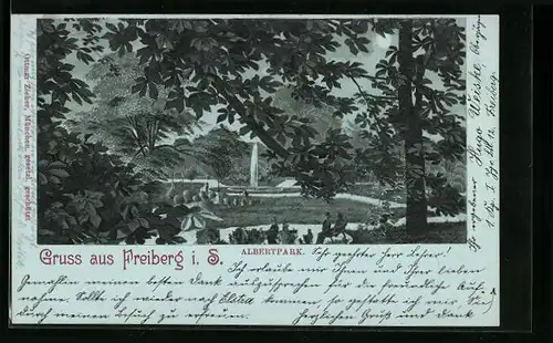 Mondschein-Lithographie Freiberg i. S., Albertpark mit Springbrunnen