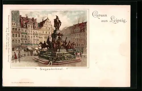 Lithographie Leipzig, Platz mit Siegesdenkmal