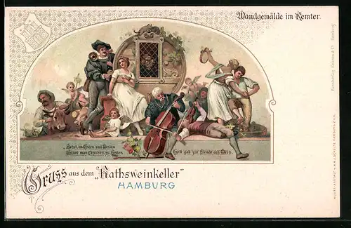 Lithographie Hamburg, Gasthaus Ratsweinkeller - Gemälde im Remter
