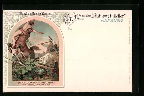 Lithographie Hamburg, Gasthaus Ratsweinkeller - Gemälde im Remter, Centaur