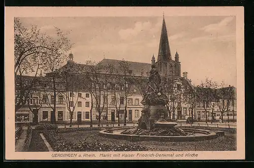AK Uerdingen a. Rh., Markt mit Kaiser Friedrich-Denkmal und Kirche
