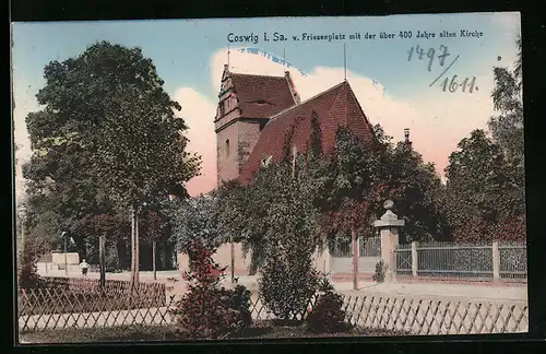 AK Coswig i. Sa., Friesenplatz mit der alten Kirche
