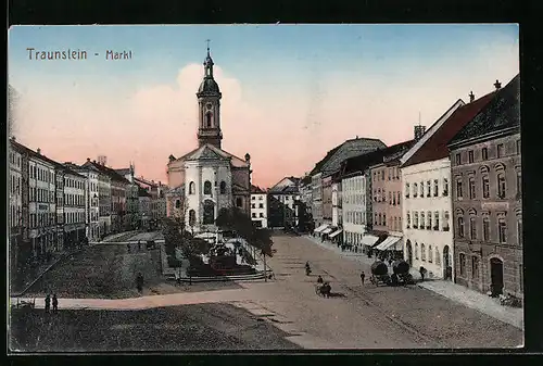 AK Traunstein, Markt mit Kirche und Brunnen