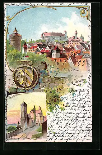 Lithographie Nürnberg, Die Burg, Aufgang, Wappen