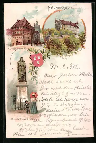 Lithographie Nürnberg, Burg, Albrecht Dürer-Haus, Albrecht Dürer-Denkmal