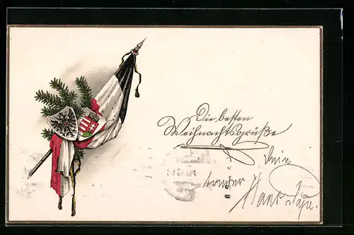 AK Fahne mit Tannenzweigen und Wappen, Weihnachtsgruss