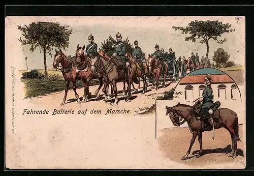 Lithographie Fahrende Artillerie auf dem Marsche