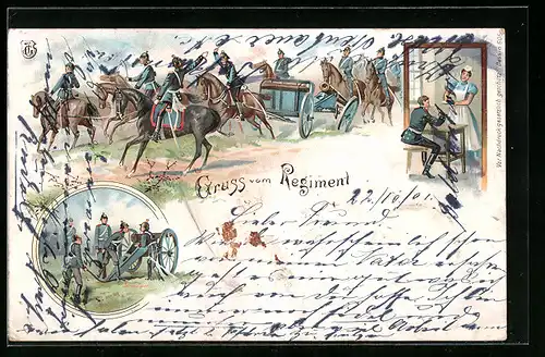 Lithographie Regiment zu Pferd reitet ins Gefecht, Artilleriegeschütz