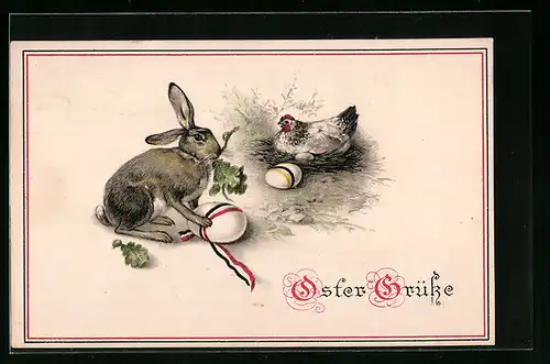 Künstler-AK Osterhase mit Huhn, Schleife Reichsflagge