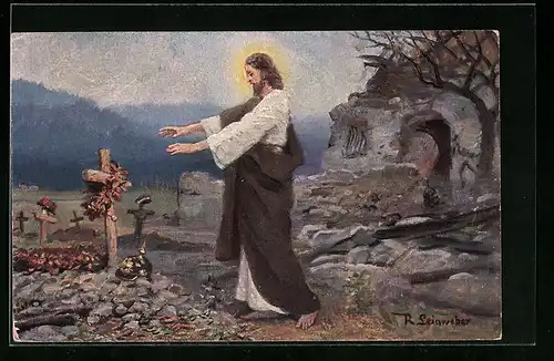 Künstler-AK Jesus segnet Grab auf Soldatenfriedhof