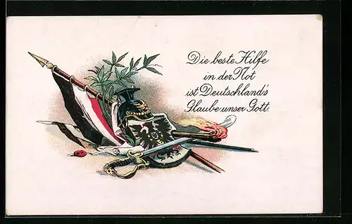 AK Die beste Hilfe in der Not ist Deutschland`s Glaube unser Gott, Reichskriegsflagge