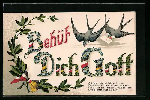 AK Behüt Dich Gott, Ein Blumengruss, Schwalben mit Brief