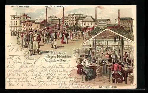 Lithographie Salzuflen, Hoffmann`s Stärkefabriken Ost-Ansicht und Haupteingang, Inneres Cartonnage mit Fabrikarbeitern