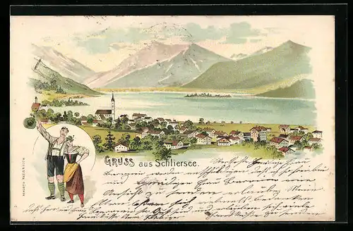 Lithographie Schliersee, Teilansicht mit Kirche, Paar in Tracht