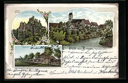 Lithographie Bingen i. Hohenzollern, Ruine Hornstein, Bahnhof, Uferpartie